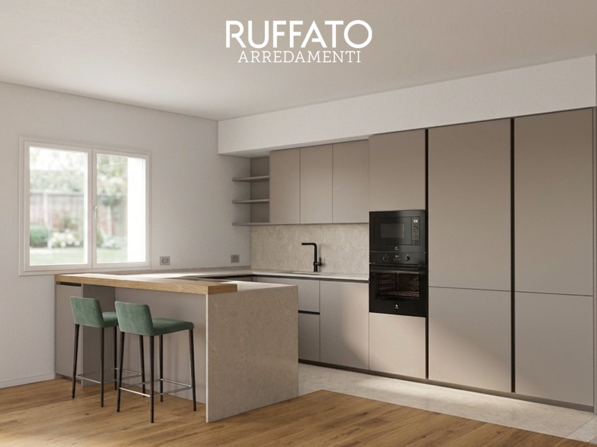Rendering tridimensionale di una cucina con penisola, sgabelli verdi e piano snack in legno, realizzato da Ruffato Arredamenti